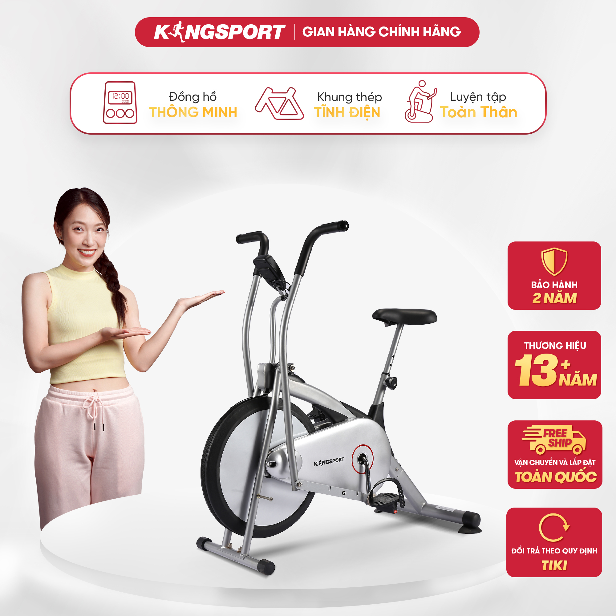 Xe đạp tập thể dục tại nhà KS-101 tải trọng tối đa 100kg, kèm theo đồng hồ thông minh đo nhịp tim, quãng đường, vận tốc, thời gian, calo