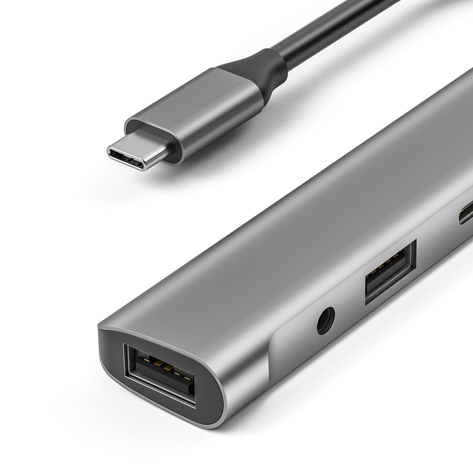 5 in 1 USB C Hub 2 USB 2.0 Ports 4K@60Hz DisplayPort 3.5mm Jack 60W PD Charger Multiport Adapters for Smartphones Tablets Desktop Headphones