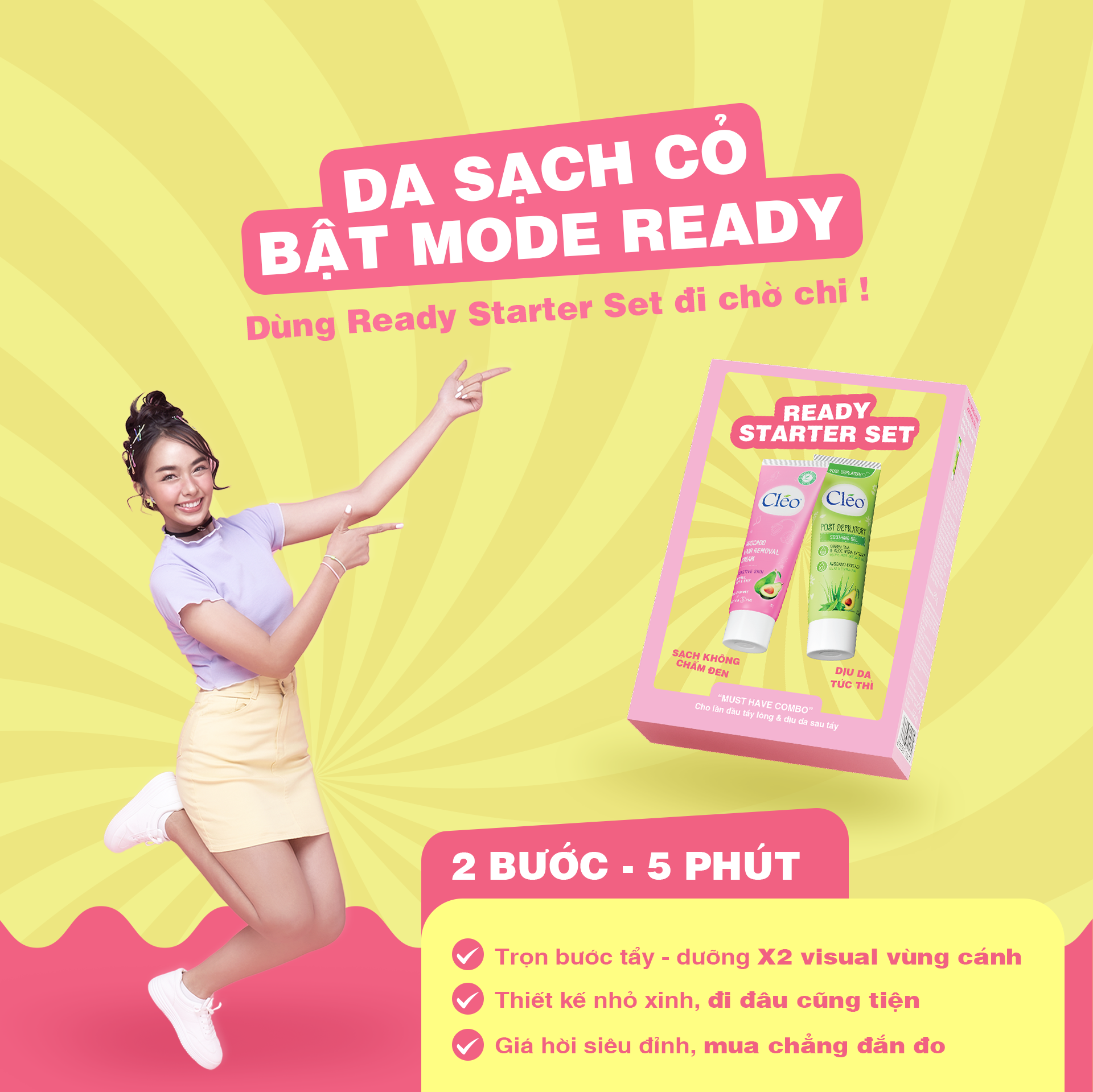 Cléo Ready Starter Set Gồm Kem Tẩy Lông Cho Da Nhạy Cảm 25gr &amp; Gel Dưỡng Dịu Da Sau Tẩy Lông 20gr Cho Lần Đầu Tẩy Lông