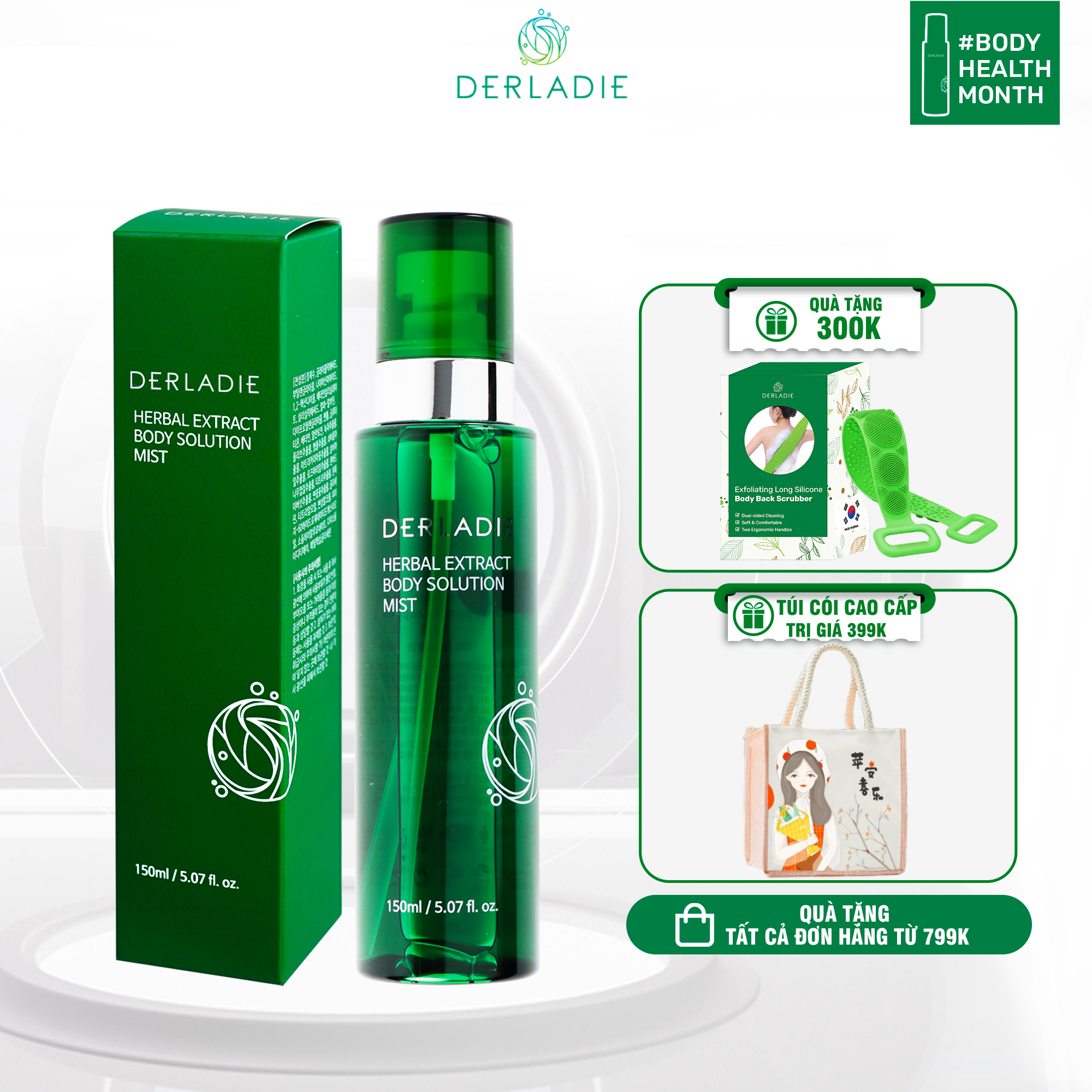 Xịt 4in1 Hỗ Trợ Giảm Mụn, Mờ Thâm, Hỗ Trợ Điều Trị Viêm Nang Lông Body Derladie Herbal Extract Body Solution Mist 150Ml