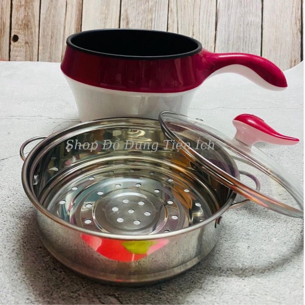 Ca Nấu Mì, Nồi Nấu Lẩu Mini Có Tay Cầm 18cm, Nồi Nấu Hấp 2 Tầng, Nồi Nấu Siêu Tốc Đa Năng - Tặng Kèm Vỉ Hấp Đa Năng