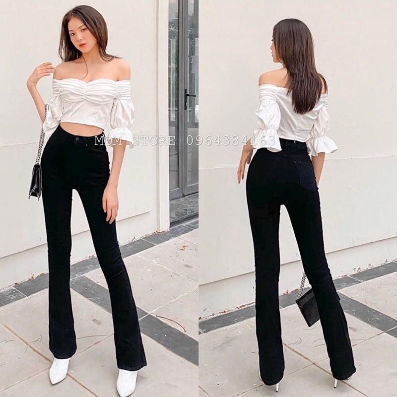 Quần jean nữ - Quần bò ống loe đen lưng cao dáng dài,co giản tốt Xuất Xịn