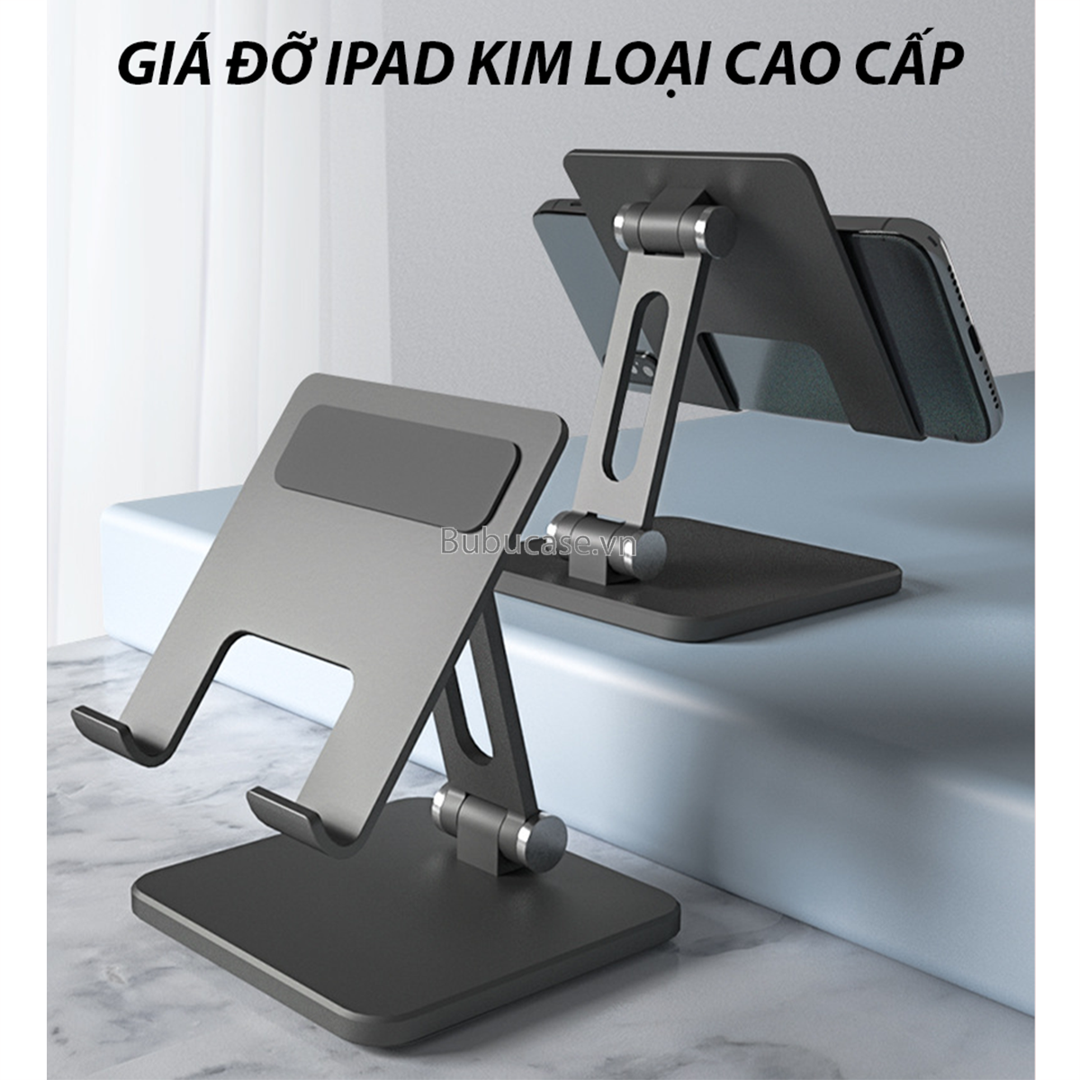 Giá Đỡ Để Bàn Khung Hợp Kim Nhôm Cao Cấp Cho iPad, Máy Tính Bảng, Điện Thoại Di Động - Hai Trục Xoay 180 Độ Linh Hoạt, Đệm Chống Trượt Điện Thoại, Chống Đổ