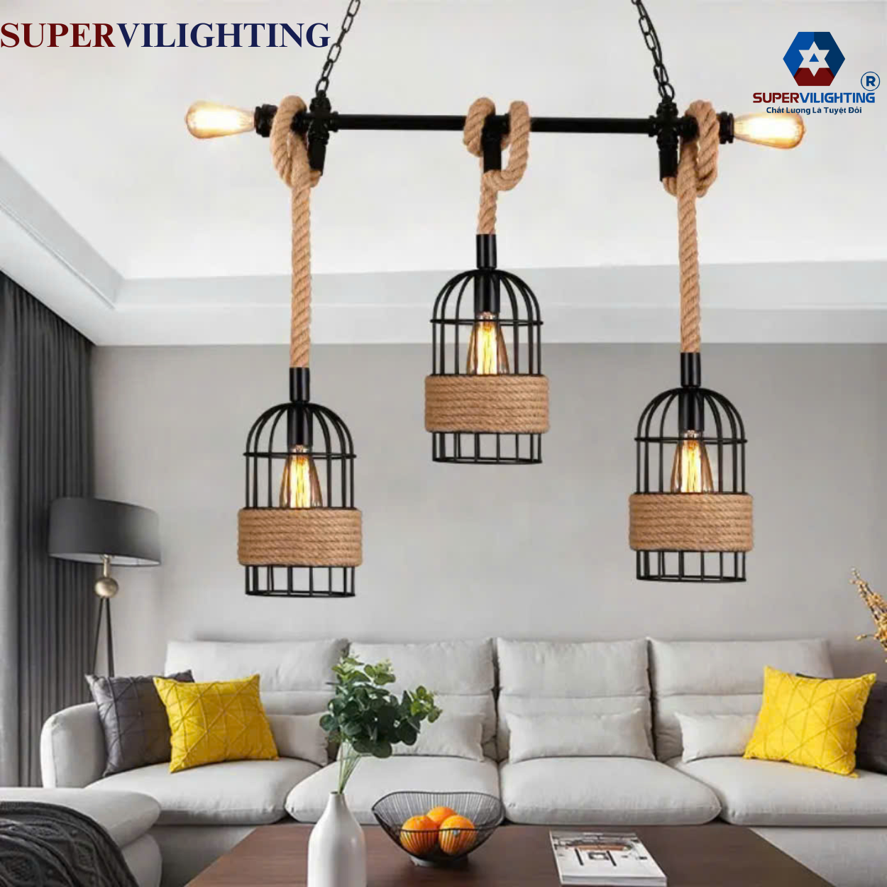 Đèn thả decor dây thừng bộ ba lồng chim SuperVilighting trang trí quán cà phê trà sữa phòng khách