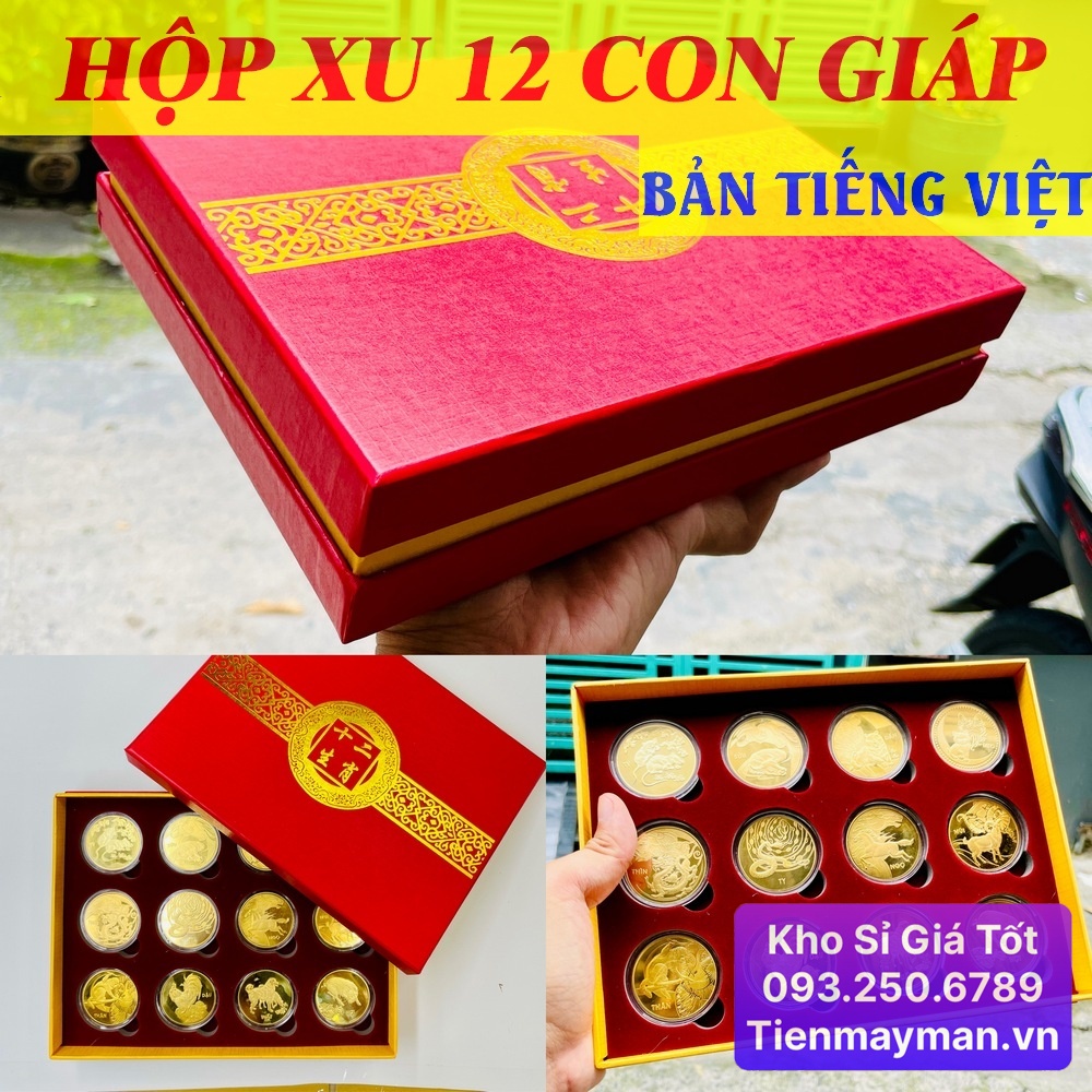 Bộ Đồng Xu 12 Con Giáp Mạ Vàng - Kèm Hộp Đỏ Sang Trọng Phong Thuỷ May Mắn