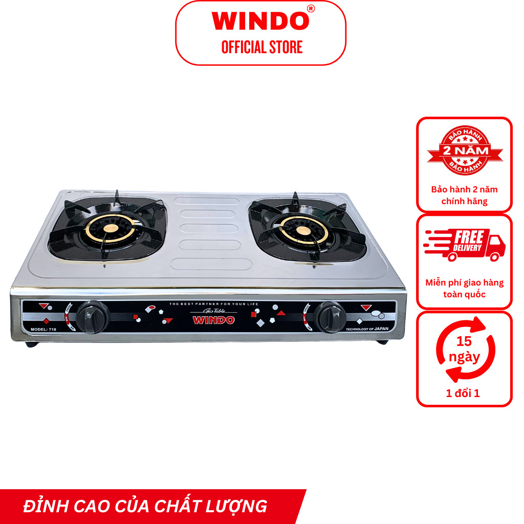 Bếp Gas Đôi Để Bàn Mặt Inox WINDO - 718 PHI 100 | Tiết kiệm gas | Bảo hành 24 tháng- Hàng Chính Hãng
