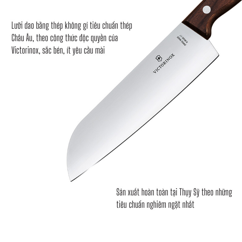 Dao Bếp Cao Cấp VICTORINOX Santoku Cạnh Thẳng Cán Gỗ Hồng Mộc 17cm