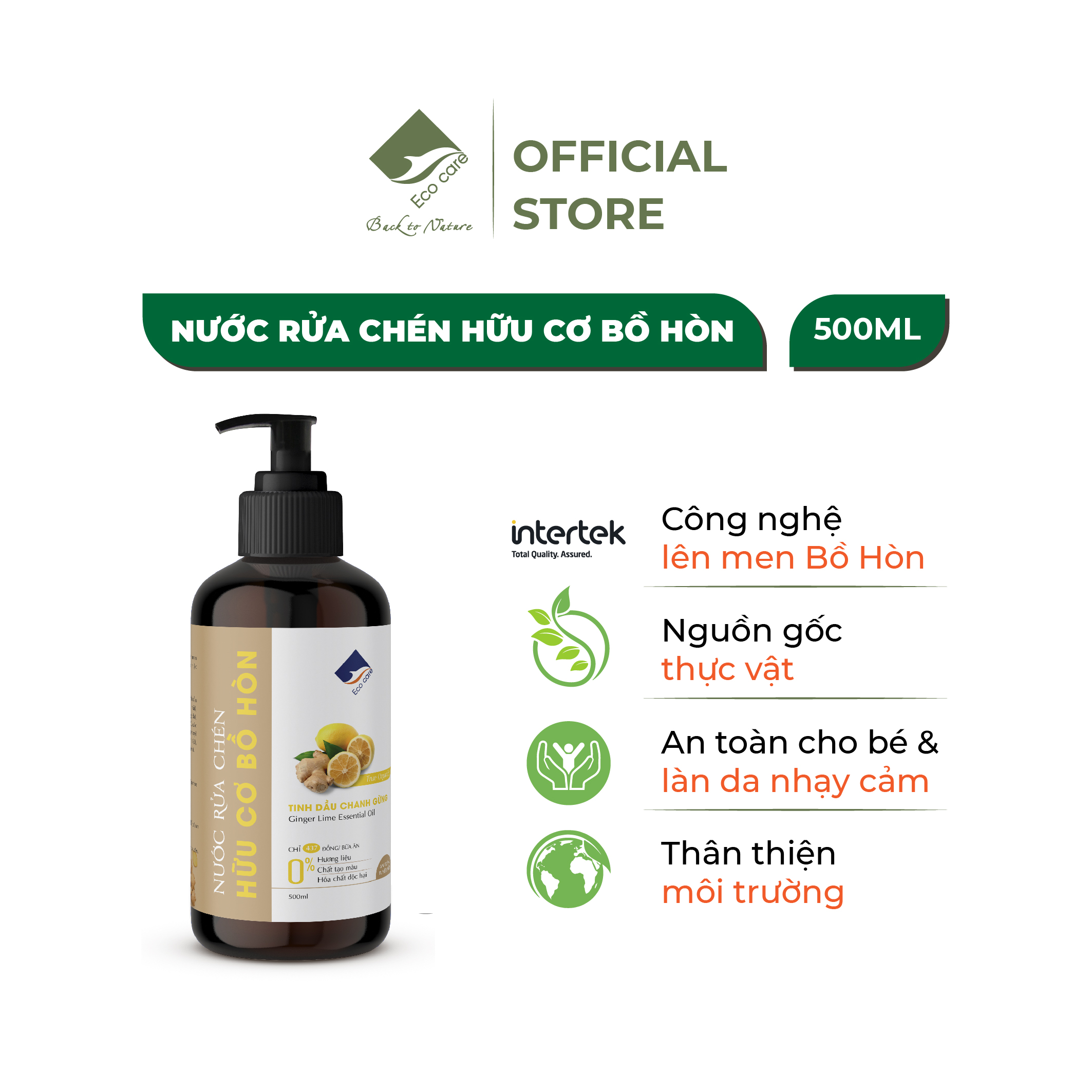 Nước Rửa Chén Hữu Cơ Bồ Hòn Và Tinh Dầu Chanh Gừng 500ml Bảo Vệ Da Tay, An Toàn Cho Bé