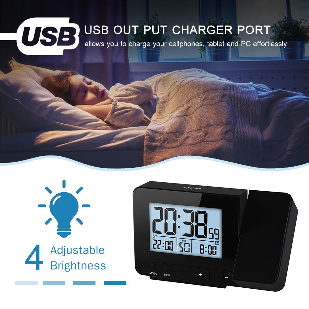 Projection Alarm Clock for Bedroom with Thermometer Hygrometer Digital Project Ceiling Clock Dimmable LED Display with