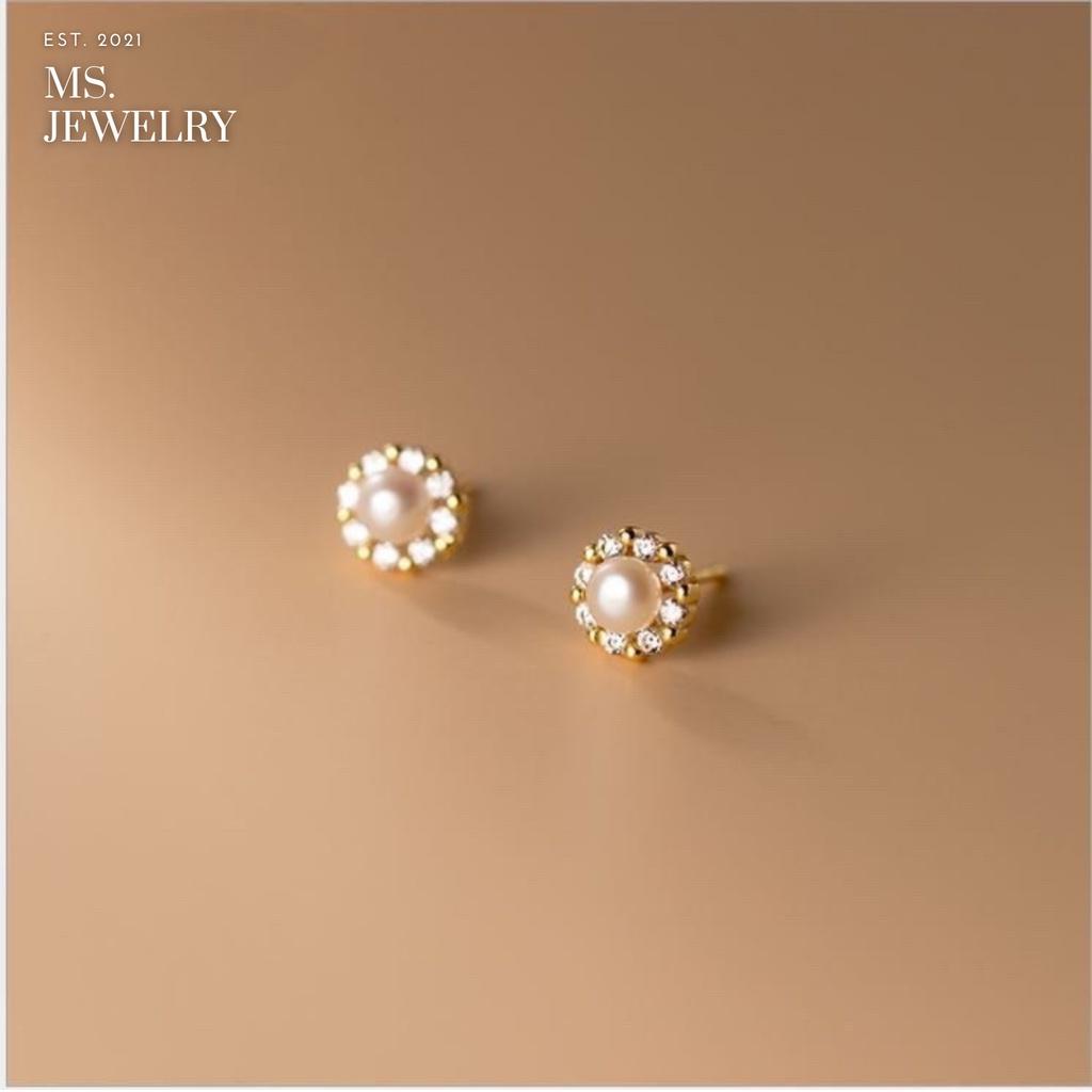 Khuyên Tai Thời Trang Bạc S925 Pearl Đính Đá Cao Cấp