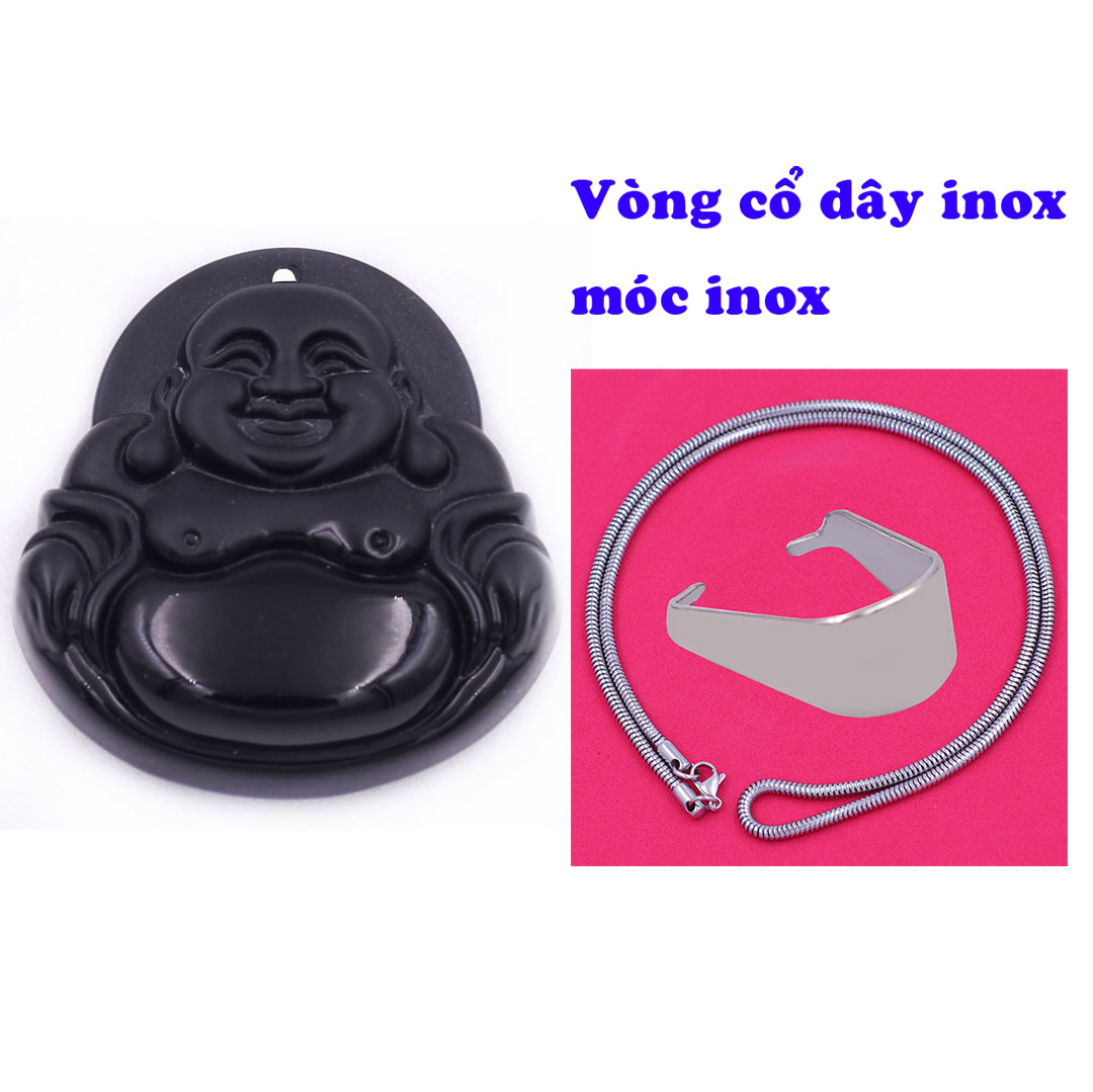 Mặt dây chuyền Phật Di lặc đá đen 4.5 cm  kèm vòng cổ dây chuyền inox rắn trắng + móc inox trắng, mặt dây chuyền Phật cười