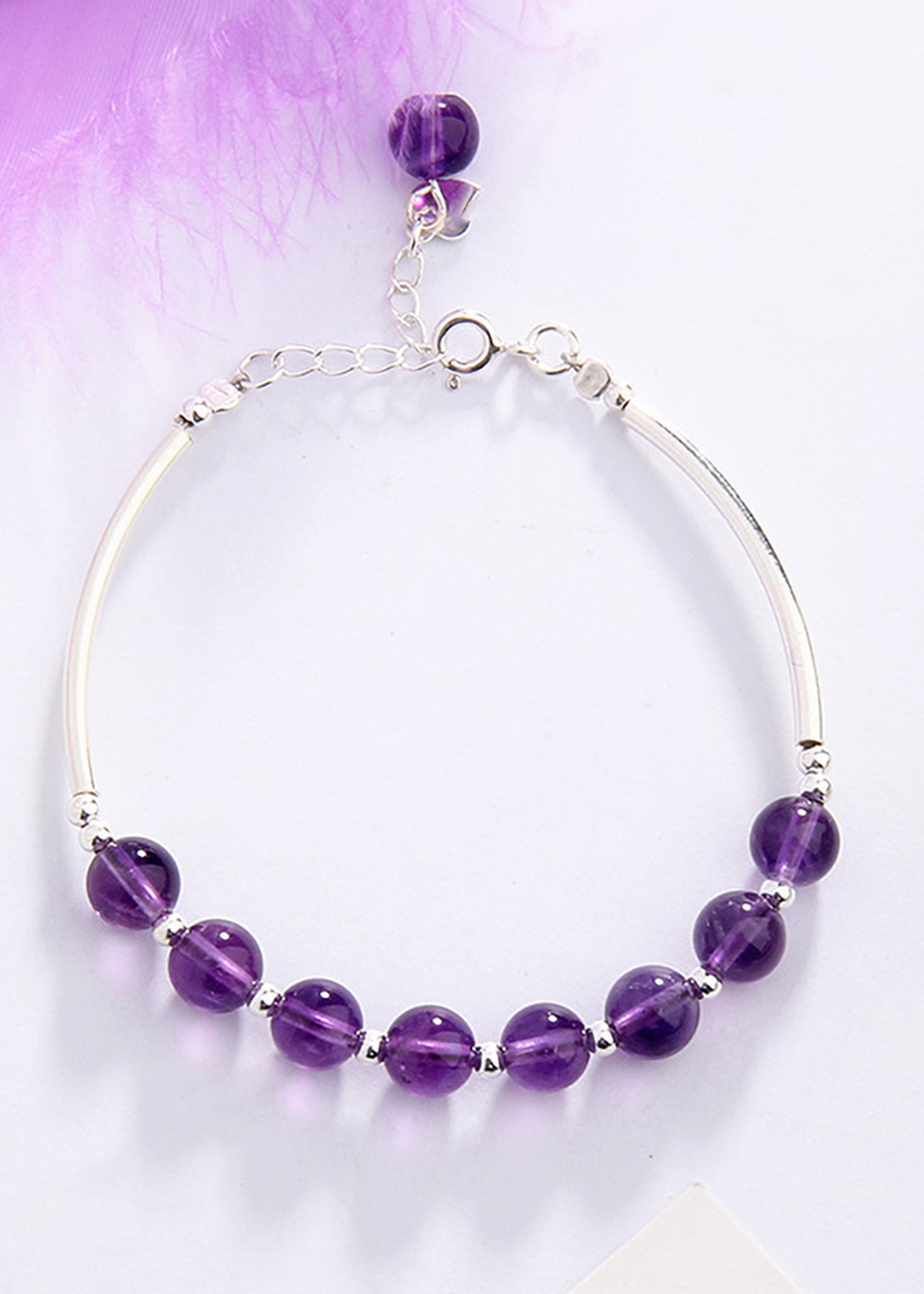 Vòng tay đá thạch anh tím phối charm ống bạc mệnh hỏa, thổ - Ngọc Quý Gemstones