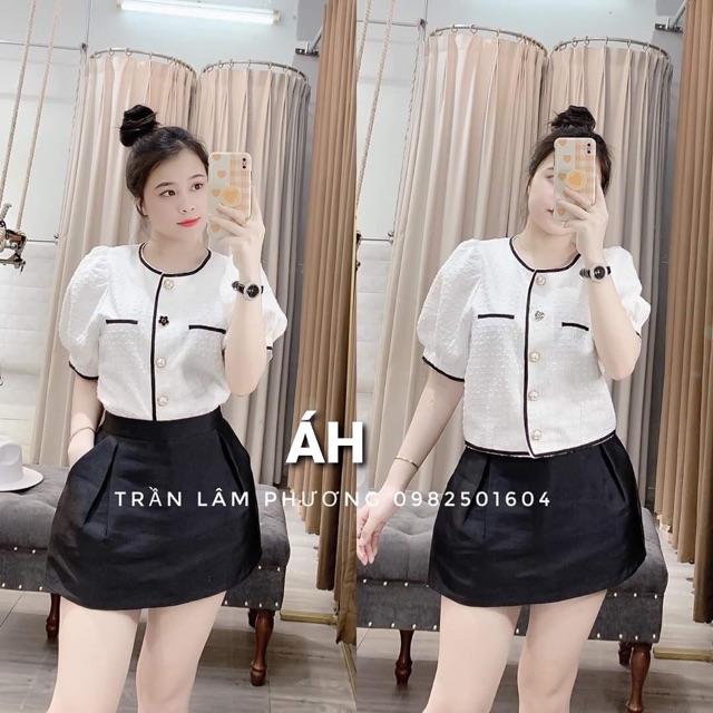 Áo dáng ngắn cổ tròn đen trắng