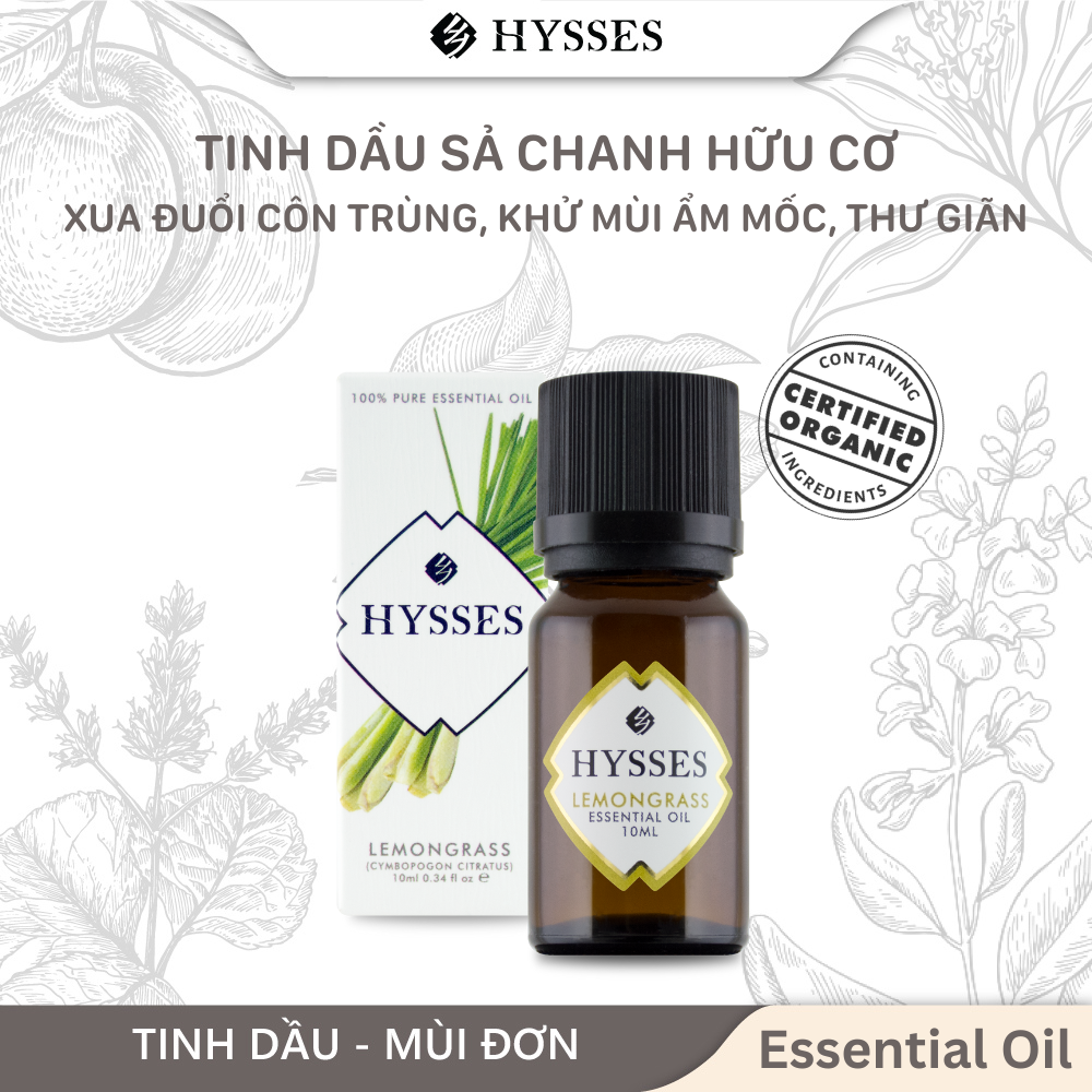 Tinh Dầu Sả Chanh Hữu Cơ Tự Nhiên Cao Cấp Hysses Lemongrass Essential Oil Giúp Khử Mùi, Chống Cảm Cúm, Kháng Khuẩn, Xua Đuổi Côn Trùng, An Toàn Cho Trẻ