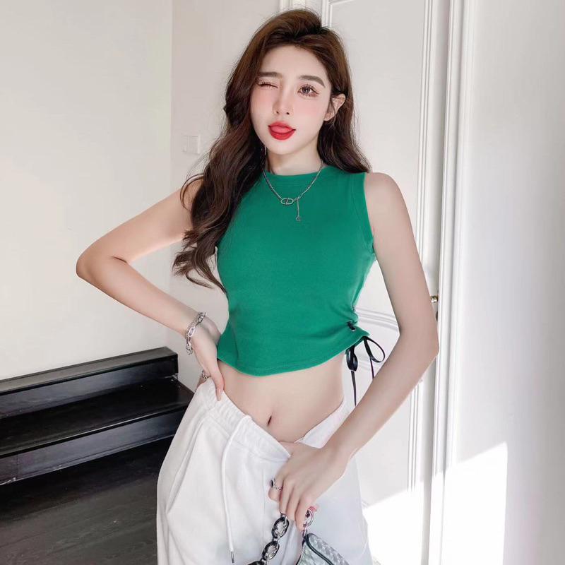 Áo thun nữ 3 lỗ croptop dây rút eo giản dị thời trang mùa hè 2023