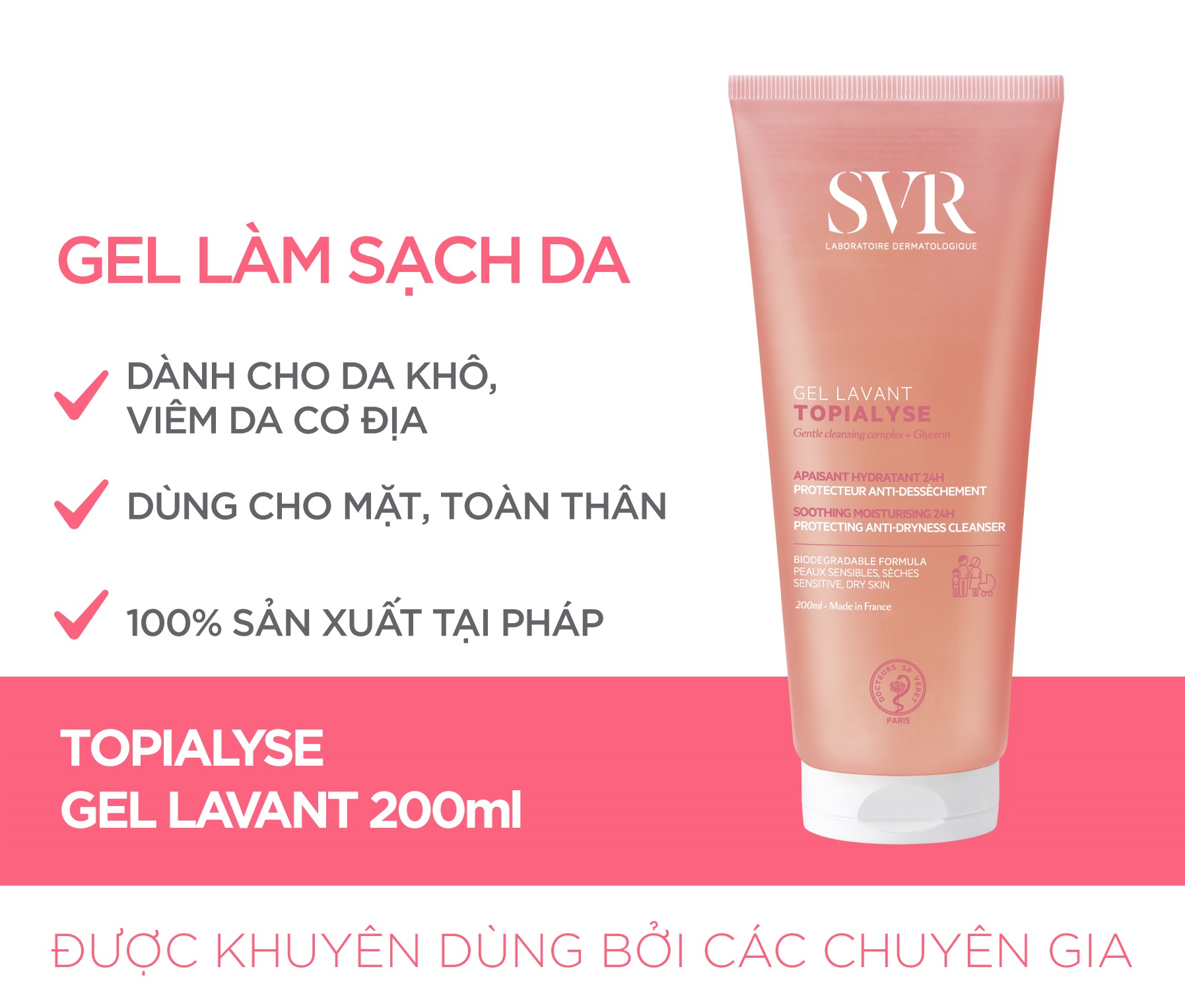 Gel làm sạch dịu nhẹ dành cho da nhạy cảm, da khô và viêm da cơ địa SVR TOPIALYSE Gel Lavant 200ml