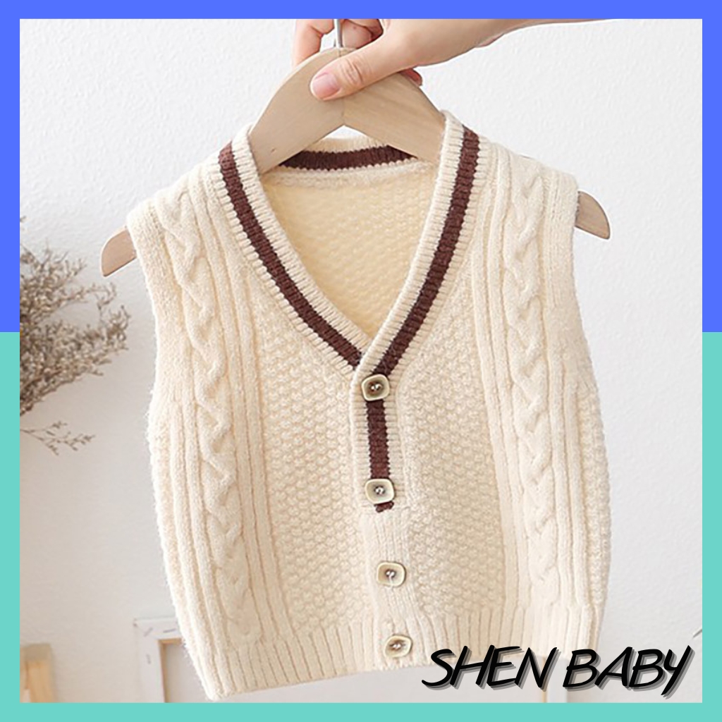 Áo gile len dệt kim phối viền cổ mùa thu đông cho bé phong cách Hàn Quốc Mimo Baby QA55