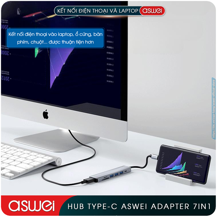 Hub Type C ASWEI 7 in 1 To HDMI, USB 3.0, SD, TF, USB C, PD - Cổng Chia USB, Ổ Chia USB Tốc Độ Cao - Hub Chuyển Đổi USB Type C 7 Cổng Dành Cho Macbook, Laptop, PC, Máy Tính Bảng, Điện Thoại - Hàng Chính Hãng