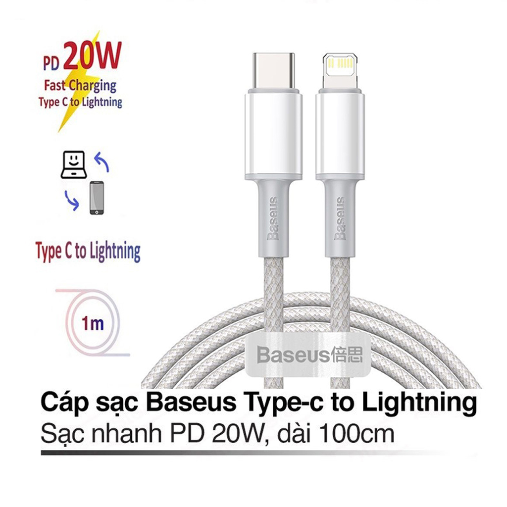 Cáp sạc Baseus PD20W Baseus High Density kết nối Type-C sang iPhone dài 100CM ( 3 màu ) - Hàng chính hãng