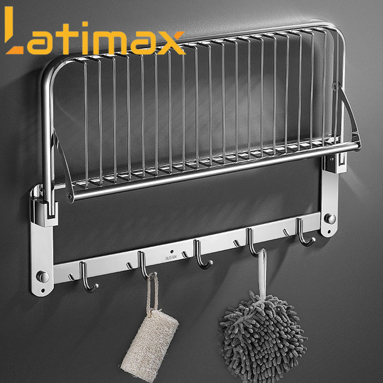 Giá treo khăn tắm Inox 304 Latimax VKT3 cao cấp - Máng treo khăn kèm móc quần áo đa năng