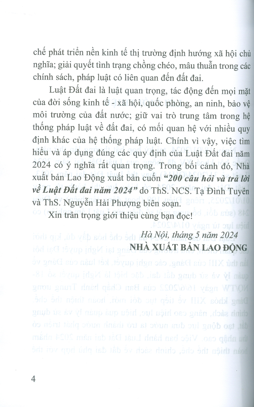 200 Câu Hỏi Và Trả Lời Về Luật Đất Đai Năm 2024 (Sách chuyên khảo) - ThS. NCS. Tạ Đình Tuyên, ThS. Nguyễn Hải Phượng