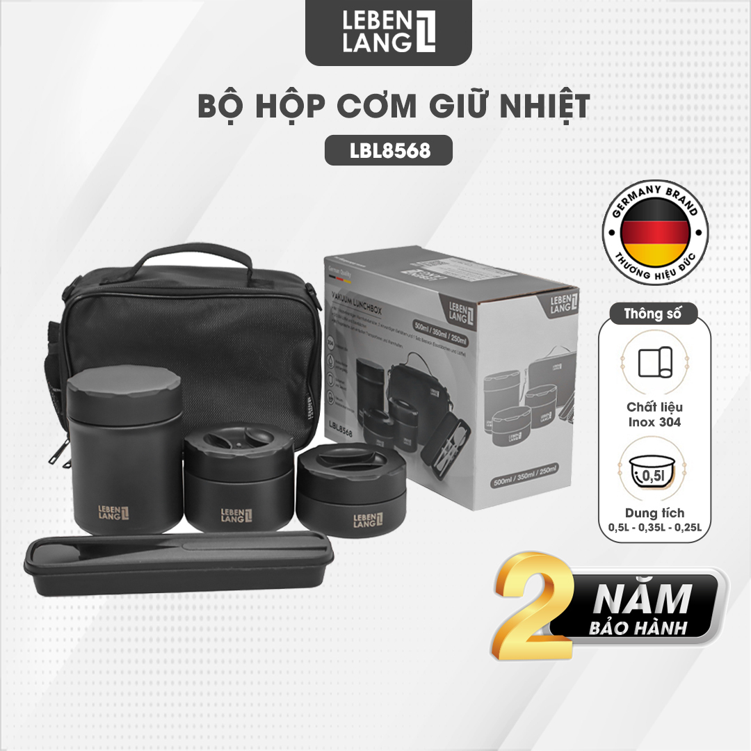 Hộp đựng cơm giữ nhiệt chân không bằng inox LEBENLANG LBL8568, 3 hộp riêng biệt, TẶNG kèm túi đựng giữ nhiệt - hàng chính hãng