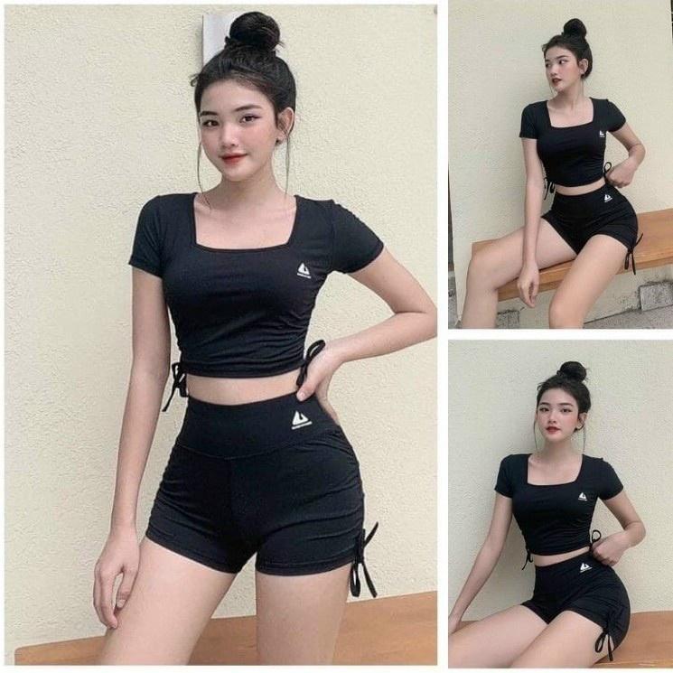 Đồ tập Gym, Sét bộ đùi thể thao nữ cạp cao Bin Sports áo croptop quần đùi có dây rút mã BT0921