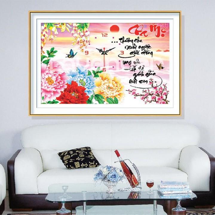 Tranh thêu cha mẹ mẫu đơn đồng hồ LV3116 - kích thước: 60 * 42cm.