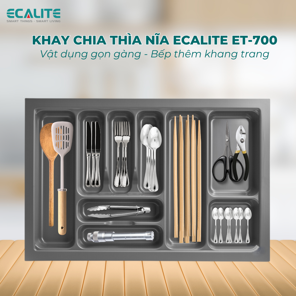 Khay chia thìa dĩa nhựa cao cấp Ecalite ET-700 - Dành cho ngăn kéo rộng 700mm - Hàng chính hãng