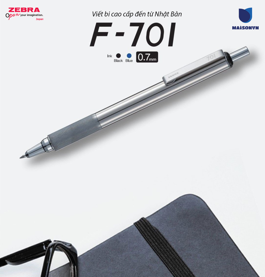 Bút bi bấm kim loại Zebra F701 mực xanh - Chất liệu thép không gỉ - [Chính hãng