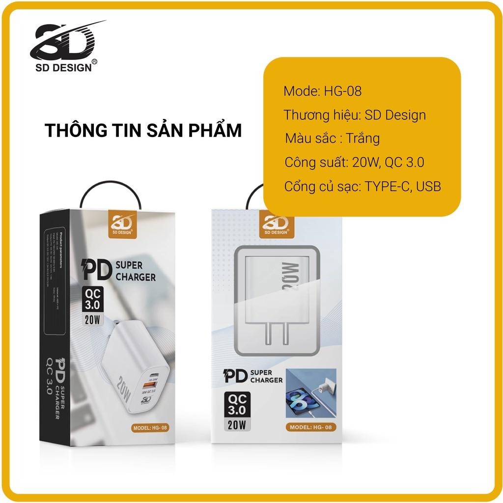 Củ Sạc Nhanh 20W QC3.0 2 cổng SD DESIGN HG08 sạc cho điện thoại các thiết bị di động bảo hành 1 đổi 1