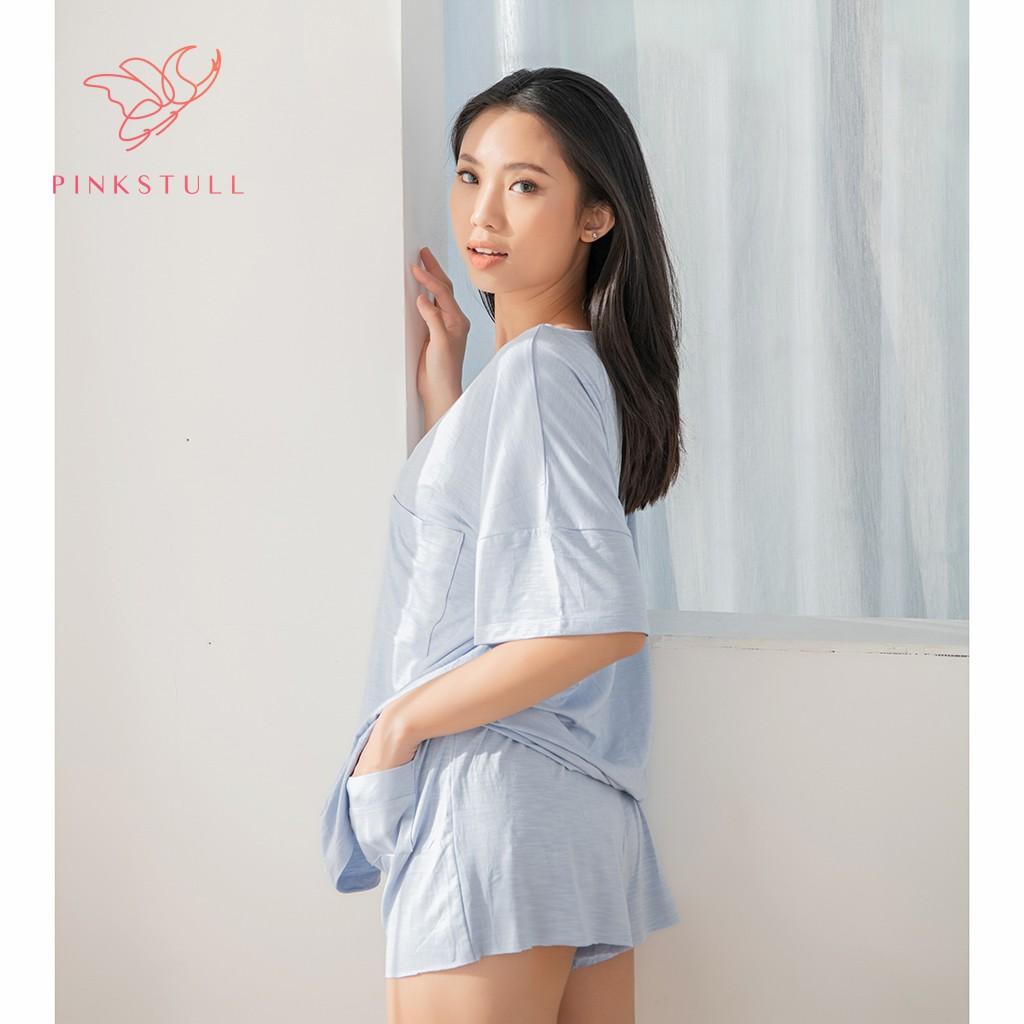 Bộ đồ ngủ thun cotton 4 chiều Pink Stull ngắn xanh dương