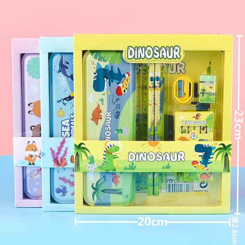 Bộ dụng cụ học tập set 7 món cute cho bé gồm hộp bút, màu, bút chì, thước kẻ, gọt chì, tẩy, quà tặng sinh nhật cho bé