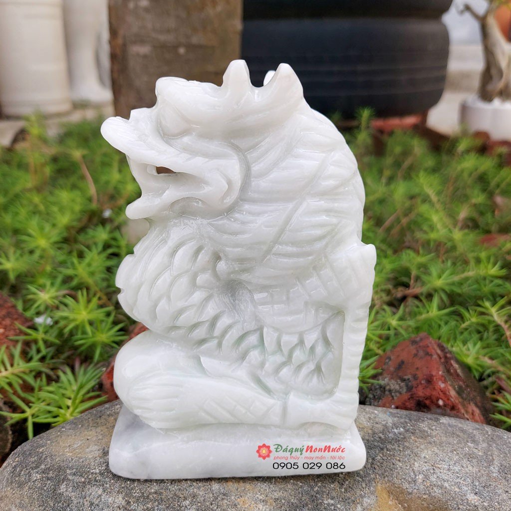 Tượng rồng đá tuổi thìn 12 con giáp phong thủy đá trắng xanh 12cm đá Non Nước