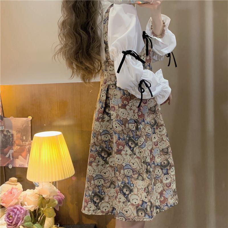 Váy nữ đầm vintage sang chảnh dáng ngắn họa tiết gấu kết hợp sơ mi dài tay Pasana0001v