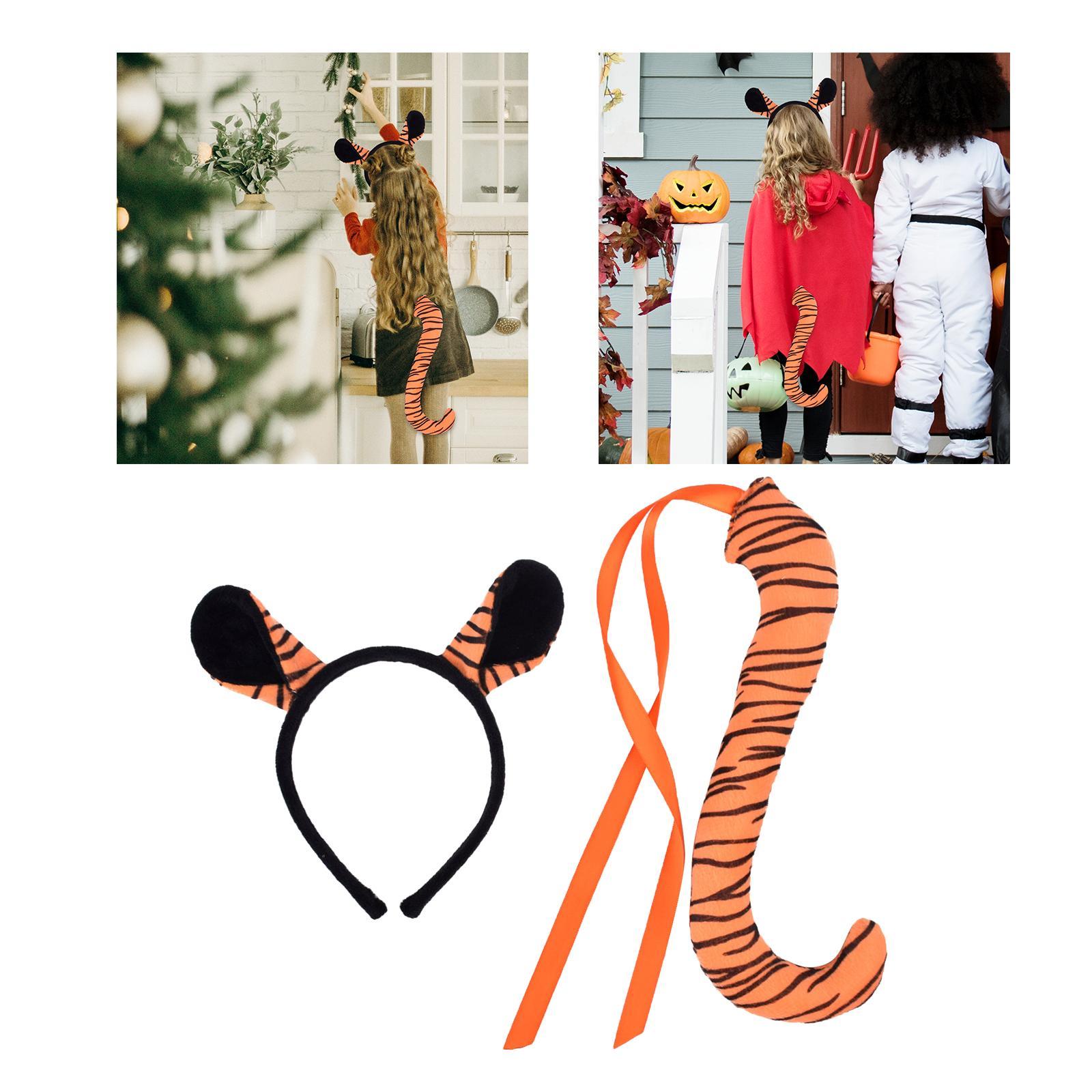 Tiger Ears and Tail Set Hoop Faux Cosplay Props Cow Ear Headband Ears Hair Clip for Prom Christmas Halloween Women