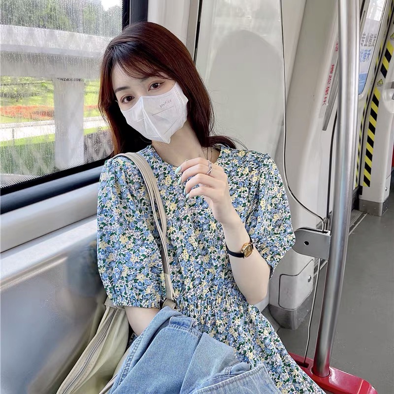 Đầm hoa nhí tay phồng bo eo co dãn