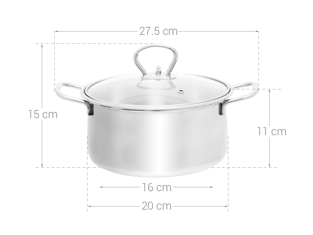 Nồi inox Rainy 1 đáy Nắp Kính 16cm đến 24cm-Hàng chính hãng