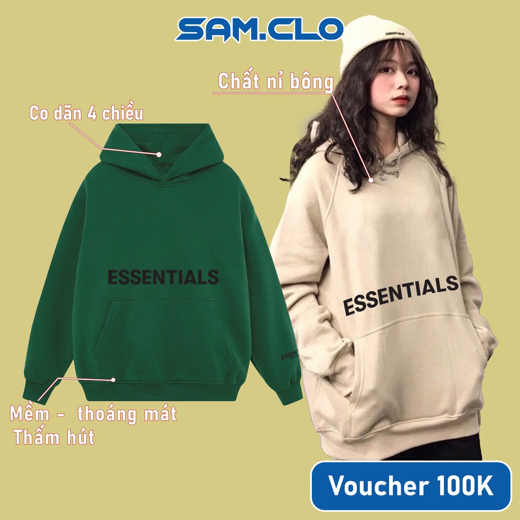 Áo khoác nỉ hoodie SAM CLO nam nữ chui có mũ tay dài thu đông freesize dáng Unisex in chữ ESSENTIALS