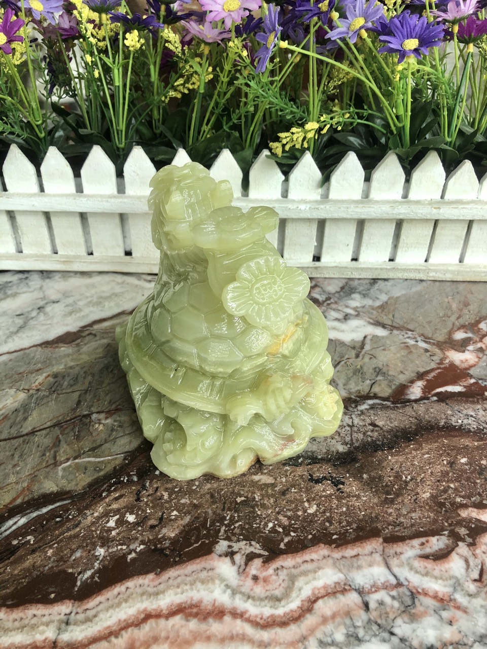 Tượng Long Quy cõng gậy như ý phong thủy đá ngọc Onyx - Dài 15 cm