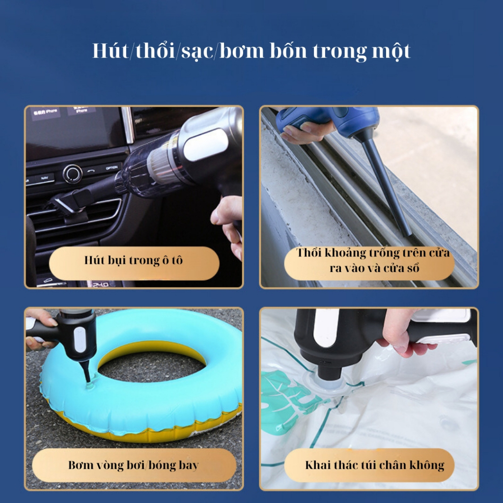 Máy Hút Bụi Mini Cầm Tay 4 Trong 1 Lực Hút Mạnh Dễ Dàng Hút Sạch Bụi Bẩn Trên Xe Oto | Kích Thước Nhỏ Gọn, Cổng Sạc Nhanh Type C