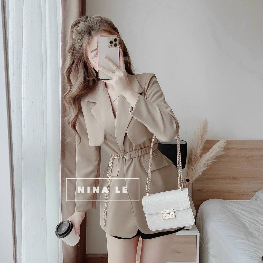 FREE SHIP Sét Bộ Đồ Nữ Áo Cổ Vest Dài Tay Có Dây Nịt Bụng Kèm Quần Short Thiết Kế Sang Chảnh KIM GIA DS