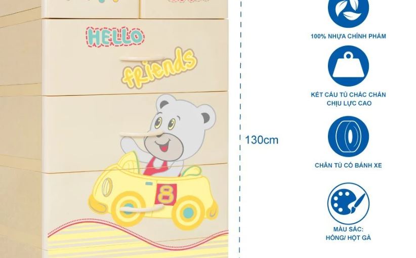 Tủ nhựa 5 tầng Qui Phúc KID màu xanh dương mẫu Car KT 600 x 470 x 1300 mm _ Juno Sofa hàng lắp sẵn