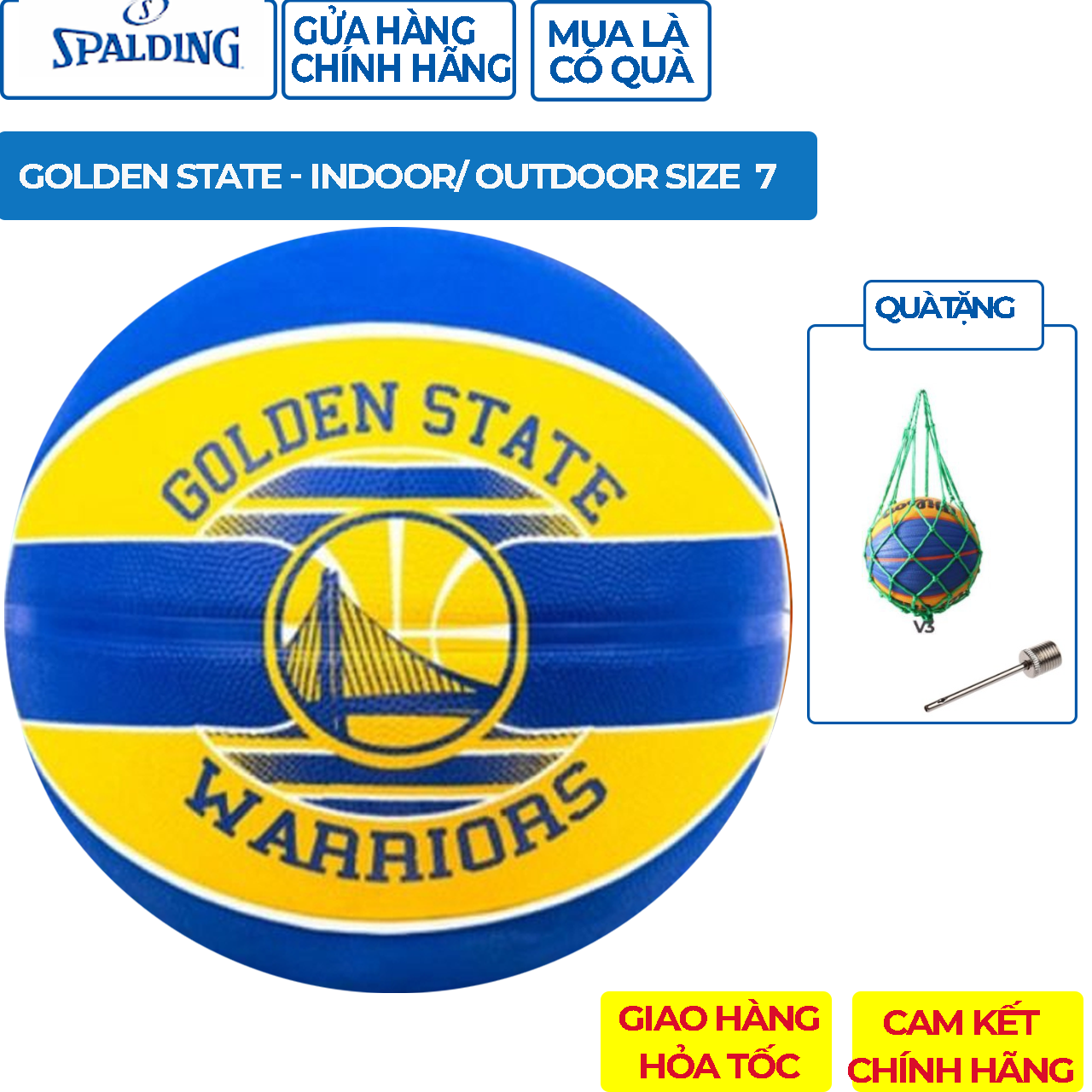 Bóng Rổ Spalding Golden State Warriors - Outdoor Size 7 Tặng Kim Bơm Bóng Và Túi Lưới Đựng Bóng