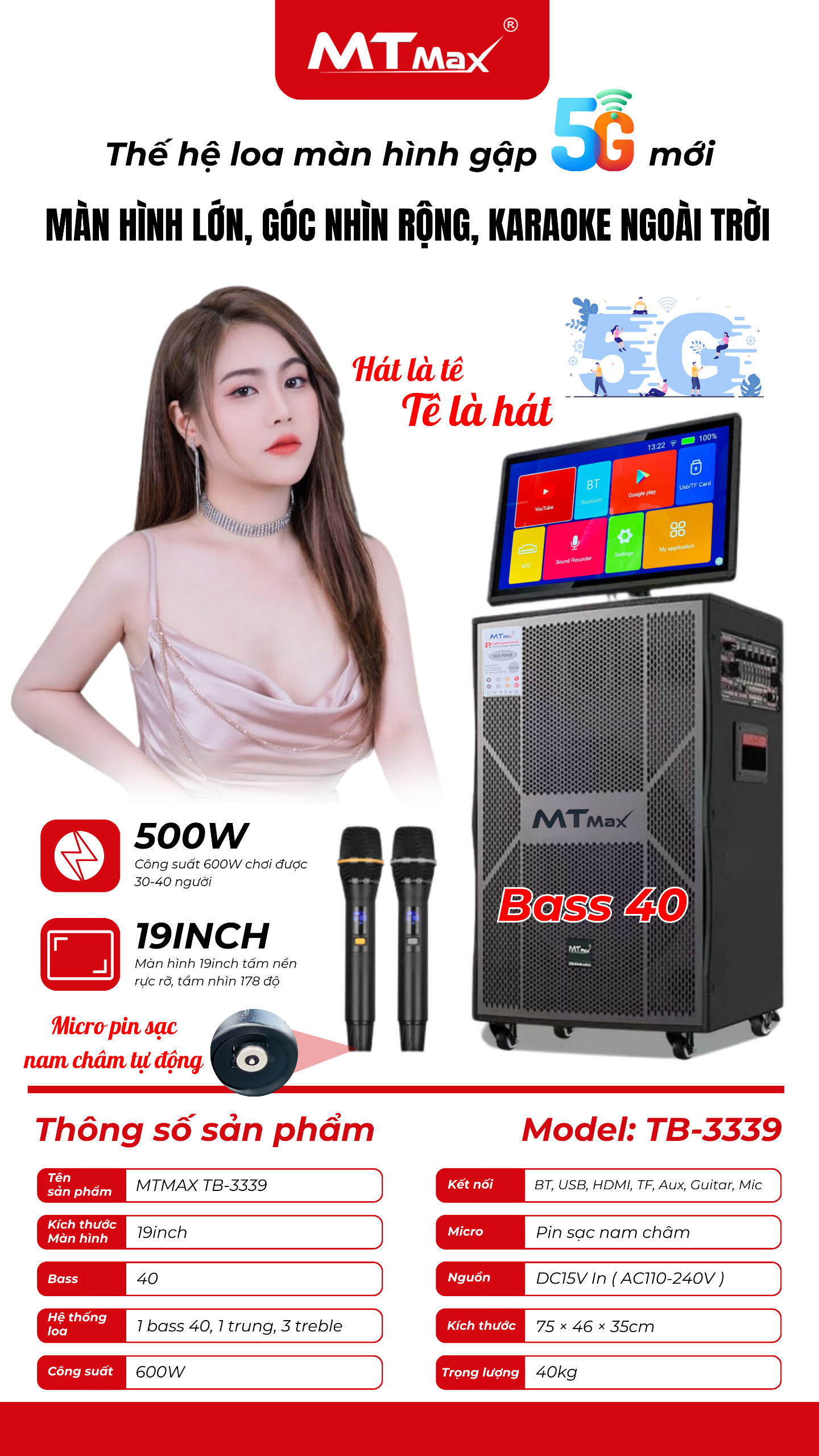 Loa Màn Hình MTMAX T70 Bass25 Màn Hình 15inch Công suất 300W Đi Kèm Cặp Micro Sang Trọng Chống Hú Cao Cấp, HÀNG CHÍNH HÃNG
