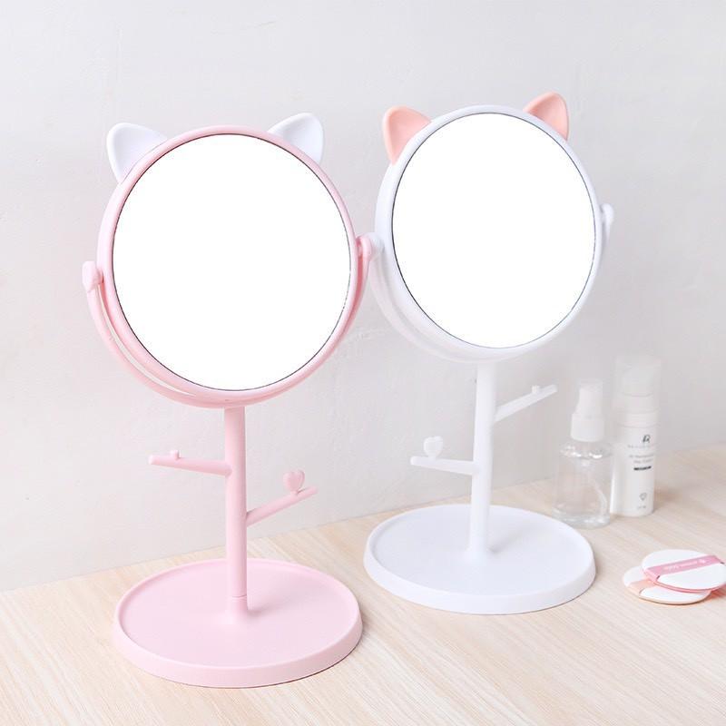 Gương trang điểm để bàn tai mèo có giá treo trang sức màu hồng