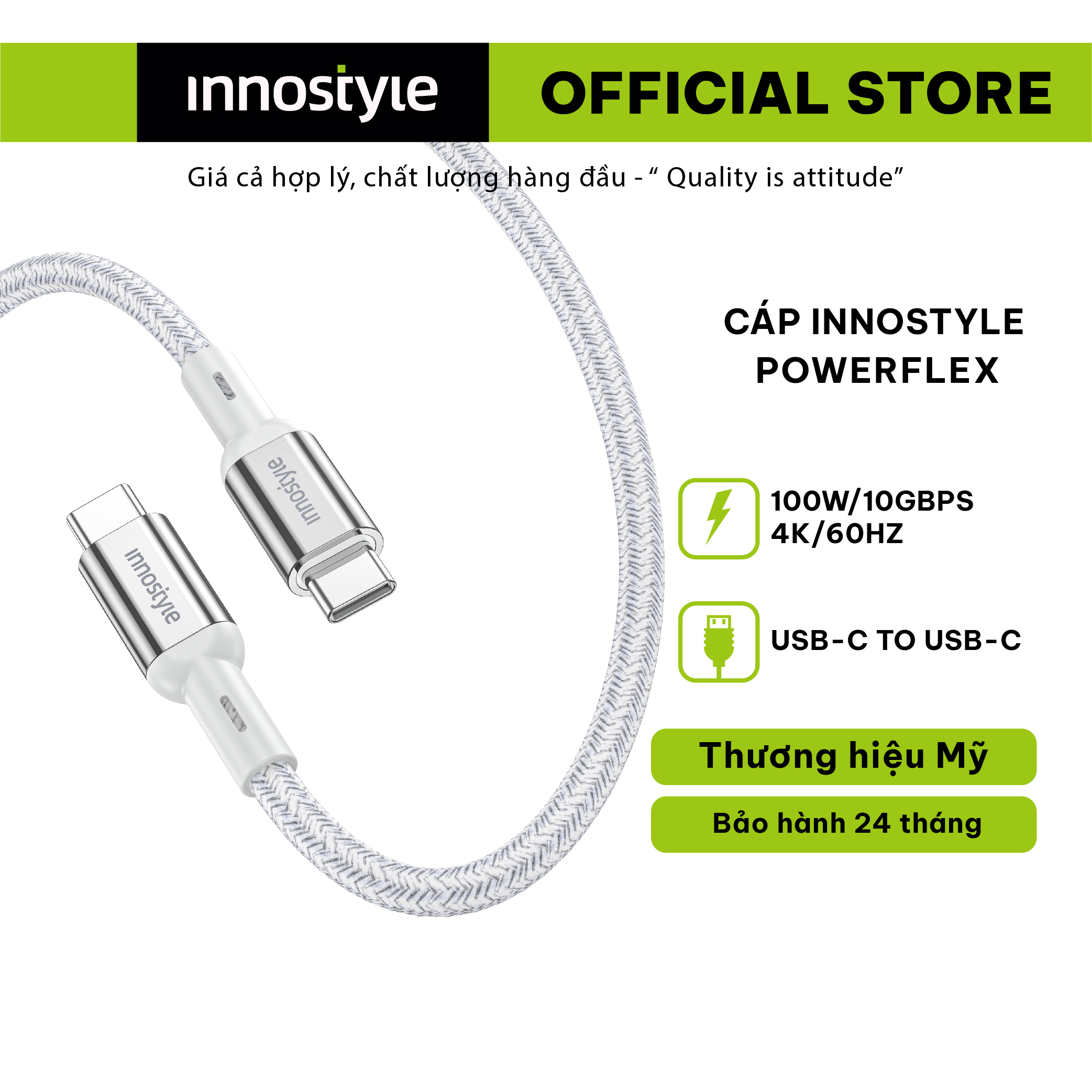 Cáp Innostyle Powerflex 100W/10GBPS 4K/60HZ 2m - Hỗ trợ công suất 100W, hàng chính hãng