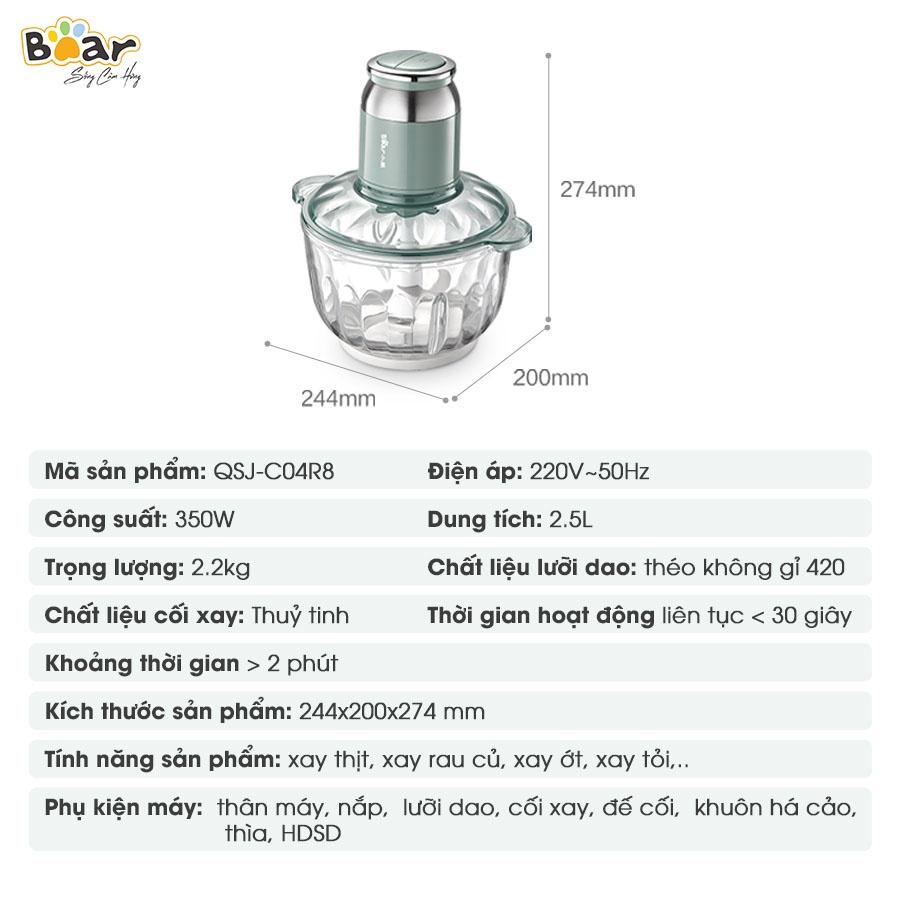 [Hàng Chính Hãng] Máy xay thịt Bear 2.5L QSJ-C04R8S xay nhuyễn đa dạng các loại thực phẩm công suất mạnh lên tới 350W giúp xay nhuyễn thịt và nhiều thực phẩm với màu sắc nhã nhặn, sang trọng