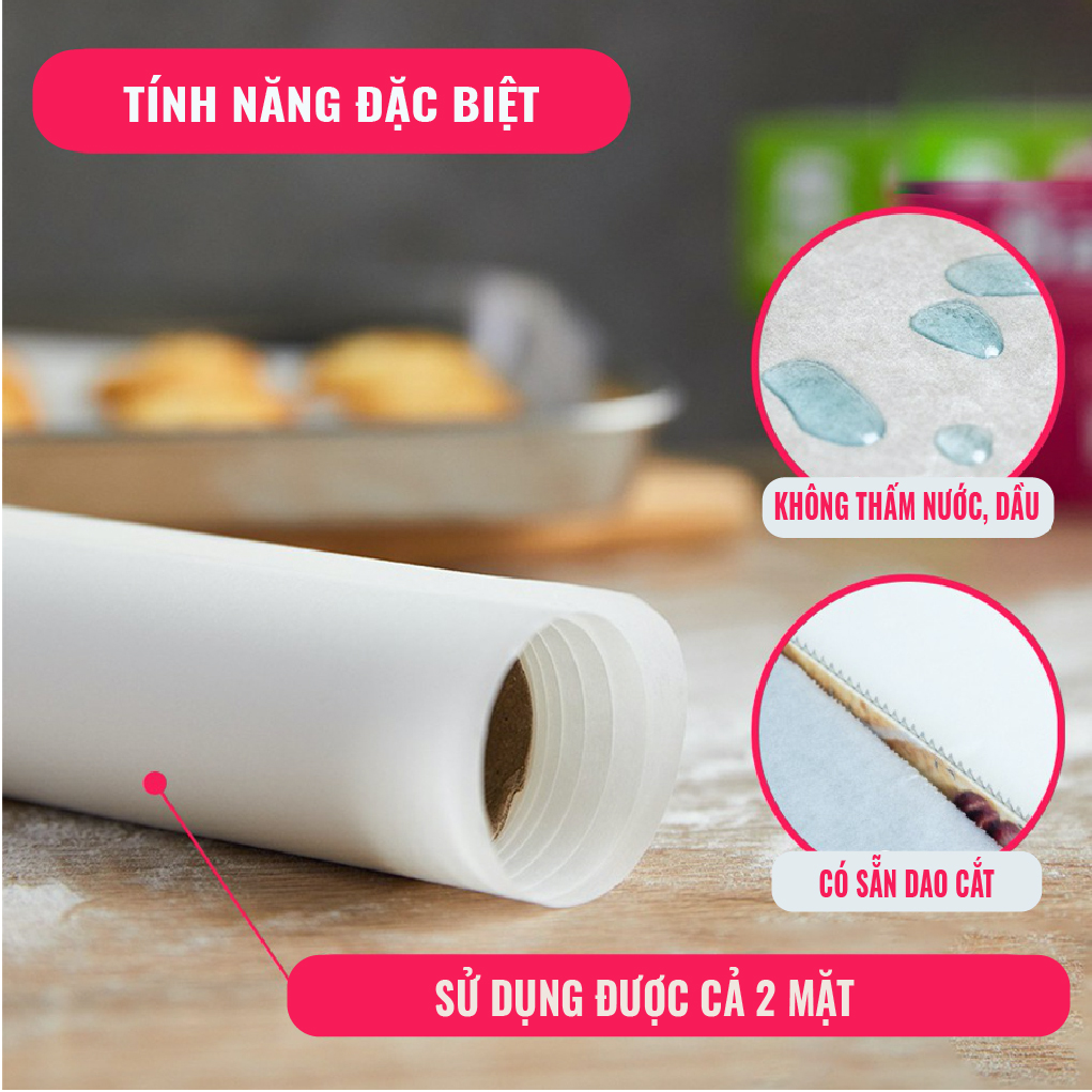 Cuộn Giấy Nến/ Giấy Nướng Bánh PP, Sử Dụng Đa Mục Đích Nướng Bánh, Hấp Bánh, Lót Nồi, Thấm Dầu Cực Tốt, Chịu Được Nhiệt Độ Tới 250 Độ . Cuộn Dài 500cm đến 2000cm, Có Đi Kèm Lưỡi Dao Cắt Tiện Dụng. Hàng Nhập Khẩu Chính Hãng Thailand