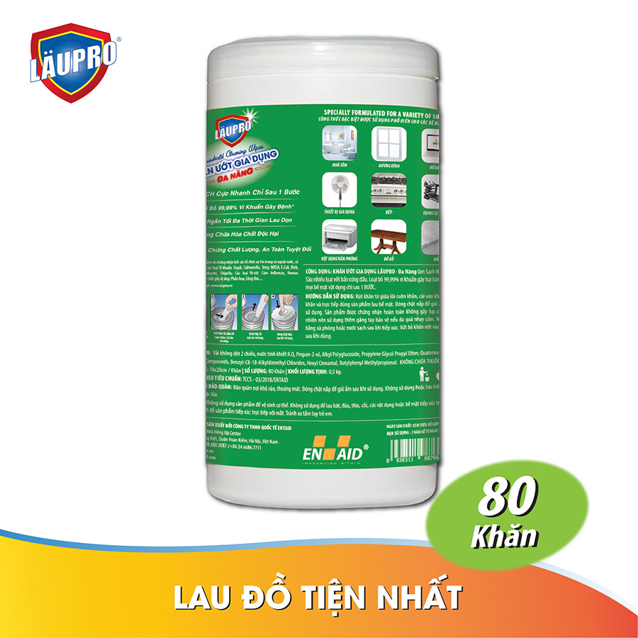 Khăn ướt Kháng Khuẩn CHỨA CỒN - Gia dụng Läupro – Lau Đa Năng - Hộp 80 Khăn (Laupro) - Được kiểm nghiệm &amp; chứng nhận!